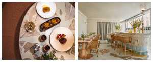 An image of the pastel-hued interiors at Native at Browns, next to an image of their 'Regenuary' menu, a 6-course set menu for January 2022