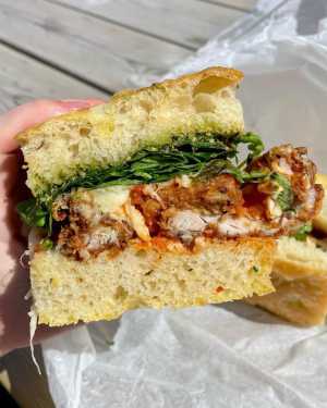 A picture of the chicken parmigiana focaccia sandwich at Alby's, Leith