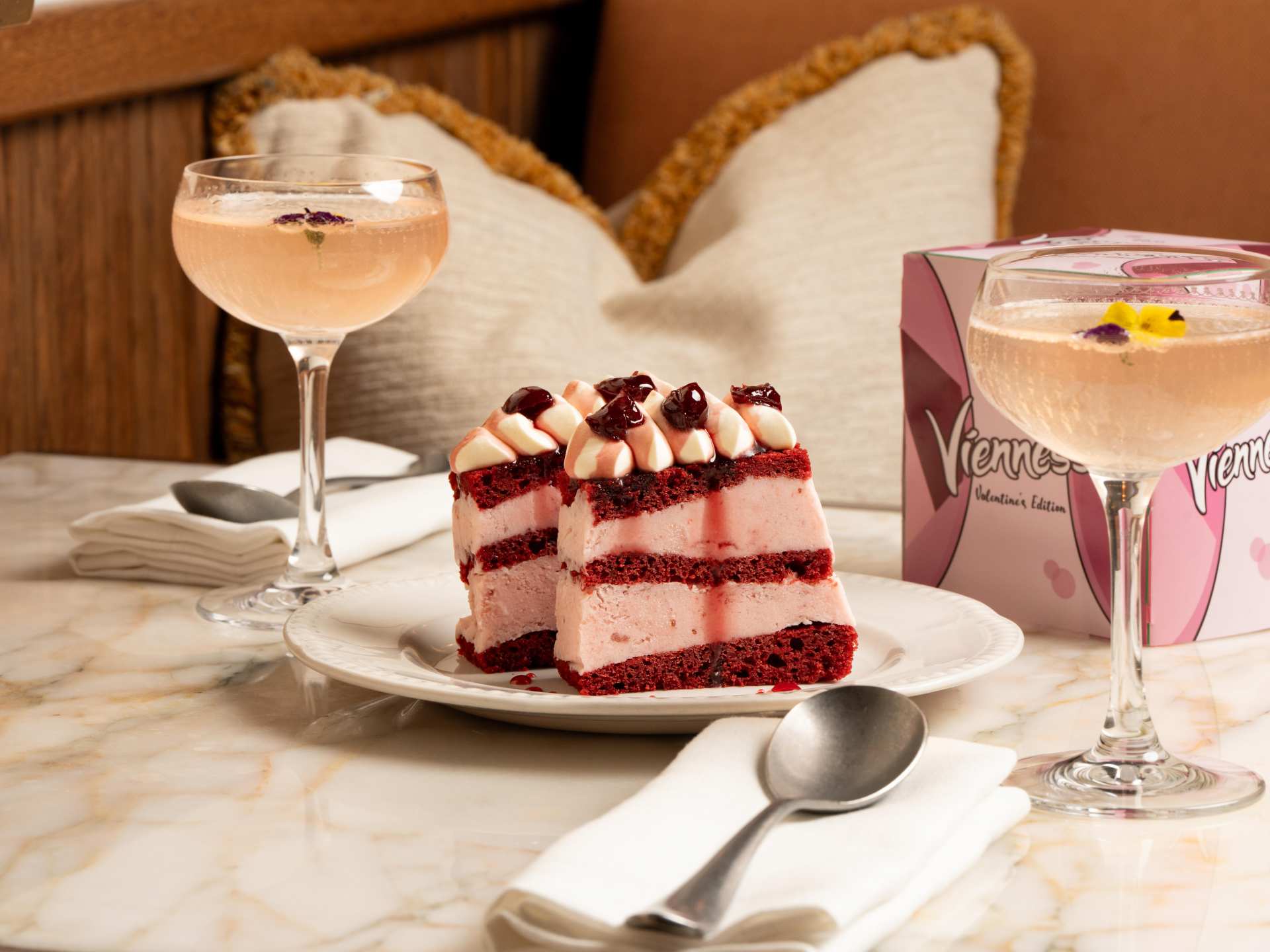 Valentines Viennessa with red velvet sponge, strawberry ice cream, macerated cherries from Nessa