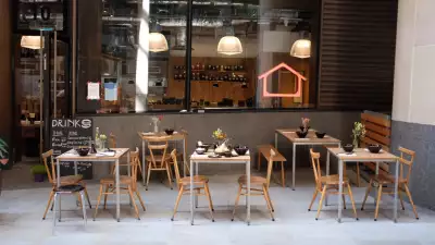 This is an image of the outdoor seating at Koya City in the Bloomberg Arcade.