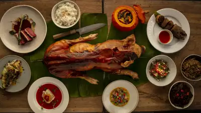 This is a photo of a whole lechon from Sarap Filipino Bistro.