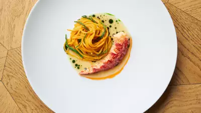 This is an image of a lobster pasta dish at Trivet restaurant