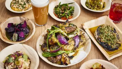 This is an image of a table of food at Acme Fire Cult