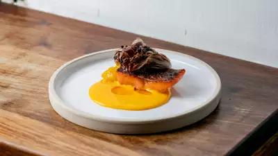 This is a colour image of a trout kebab at Oklava, Shoreditch