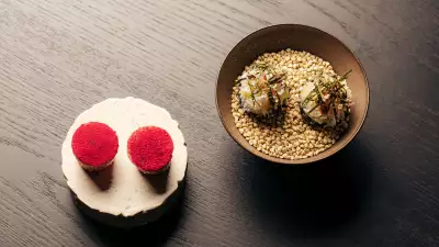 Bellhaven crab with finger lime, miso and nori & Duck liver with rhubarb, beetroot, chilli