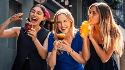 This is a photo of Christina Soteriou and friends with her Sumac and Pomegranate Stewed Cherry Slushy at Pastaio