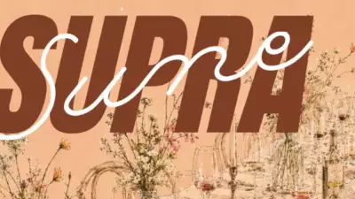 This is a poster of a pink floral background with brown and white text stating advertising the supra at Sune