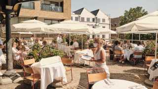 This is a picture of the terrace at FLORA restaurant at JOY in Portobello, West London, in the sunshine