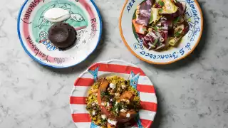 A photo of The Ninth's 'The Ninth Made Simple' at-home meal delivery dishes, including chocolate fondant and salads