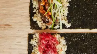 This is a photo of two sushi hand rolls at TEMAKI, Brixton.