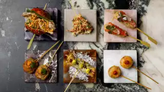 An image of various kushikatsu skewers at Dai Chi, Soho