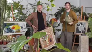 This is an image of Stevie Parle and Tom Dixon at the JOY x Sotheby's pop-up