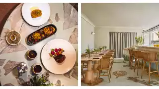 An image of the pastel-hued interiors at Native at Browns, next to an image of their 'Regenuary' menu, a 6-course set menu for January 2022