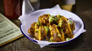 This is a photo of V Honest's pulled shittake mushroom fritters.