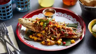 This is an image of a sea bass dish from Rosa's Thai's Isaan menu