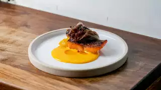 This is a colour image of a trout kebab at Oklava, Shoreditch