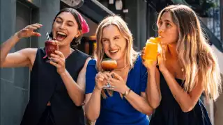 This is a photo of Christina Soteriou and friends with her Sumac and Pomegranate Stewed Cherry Slushy at Pastaio