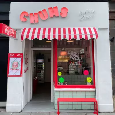 A picture of the exterior of Chums, a Scottish 'pie and roll' cafe in Edinburgh's Leith