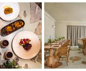 An image of the pastel-hued interiors at Native at Browns, next to an image of their 'Regenuary' menu, a 6-course set menu for January 2022