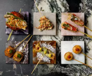 An image of various kushikatsu skewers at Dai Chi, Soho